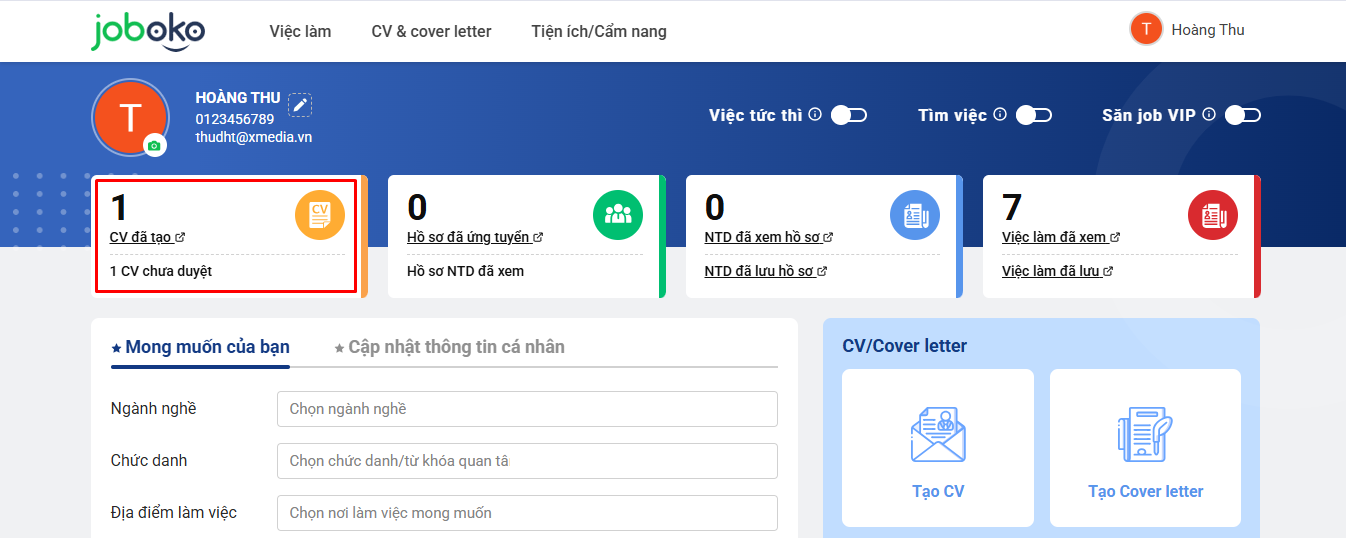 Xem, sửa, xóa, tải CV