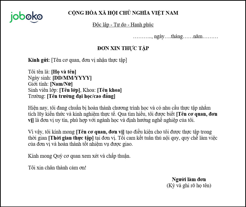 don xin thuc tap tai co quan nha nuoc