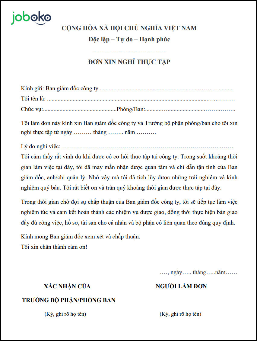 don xin nghi viec cho thuc tap sinh
