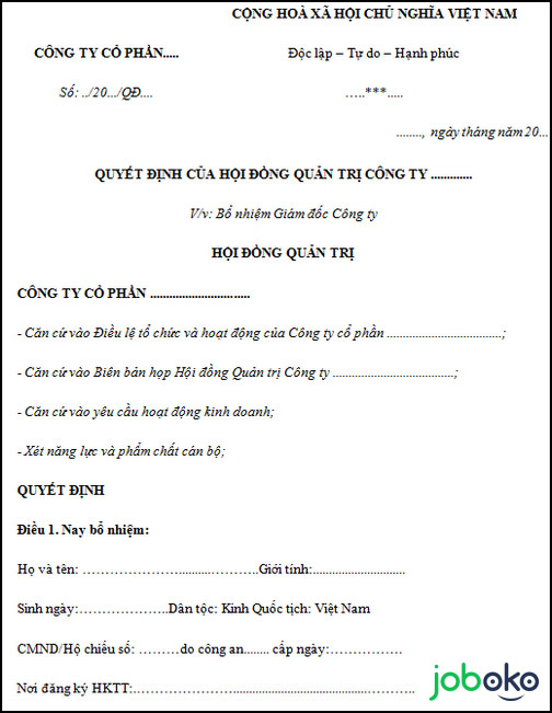 mau quyet dinh bo nhiem tong giam doc 2