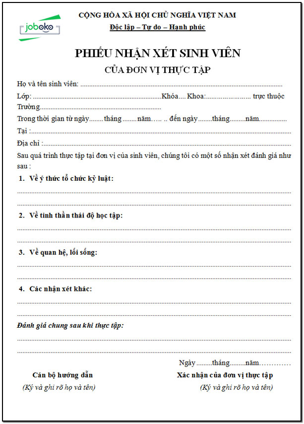 mau nhan xet danh gia thuc tap 5