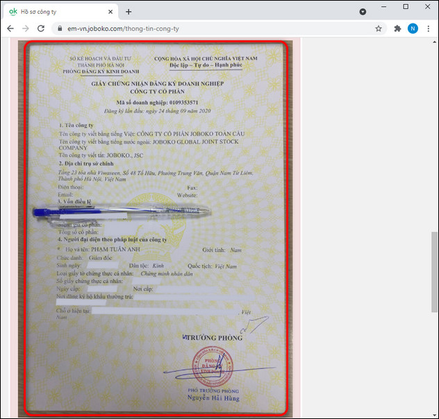 Upload dang ky kinh doanh de xac thuc tai khoan tren JOBOKO